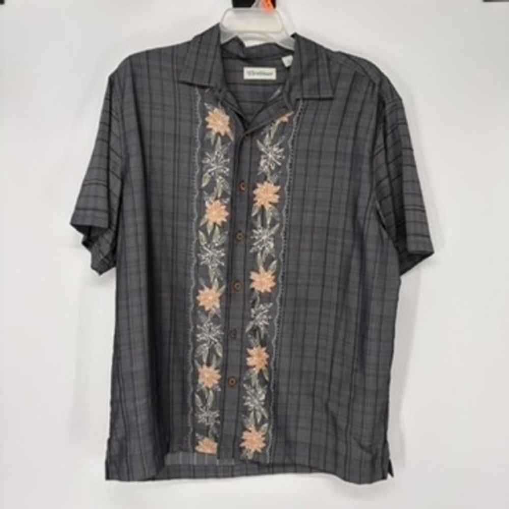 Caribbean Shirt Mens XL Grey‎ Plaid Floral Embroidered Short Sleeve Button Down